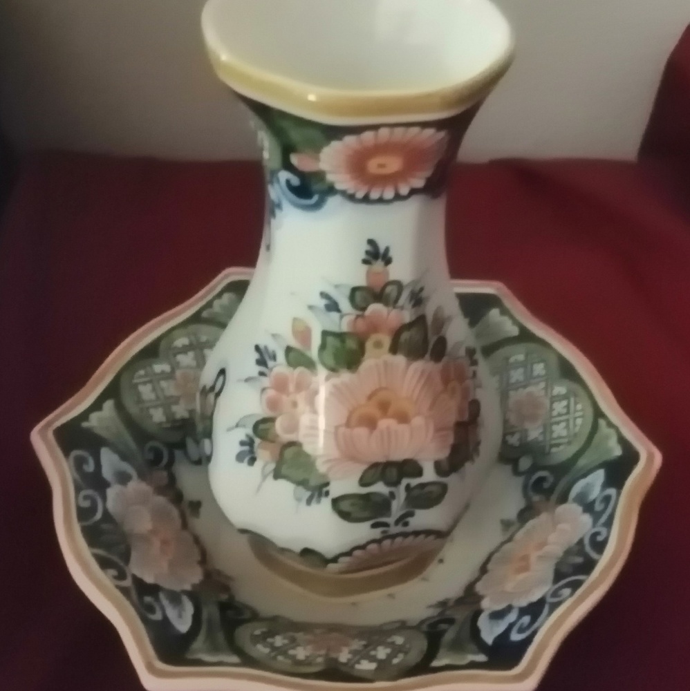 Vintage Handpainted Delft Looking Vase and Bowl .